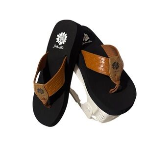 Yellow Box Black and Brown Croc-Texture Platform Flip Flops